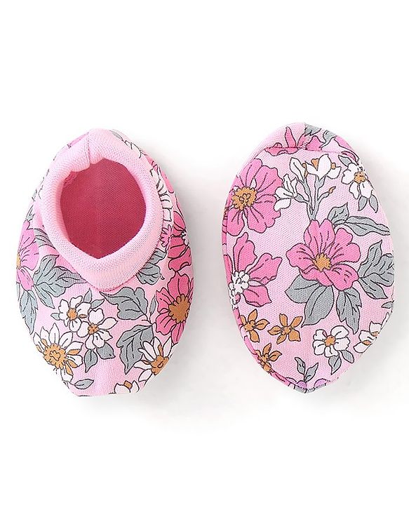 Babyhug 100% Cotton Knit Mittens & Booties Set Floral Print - Pink
