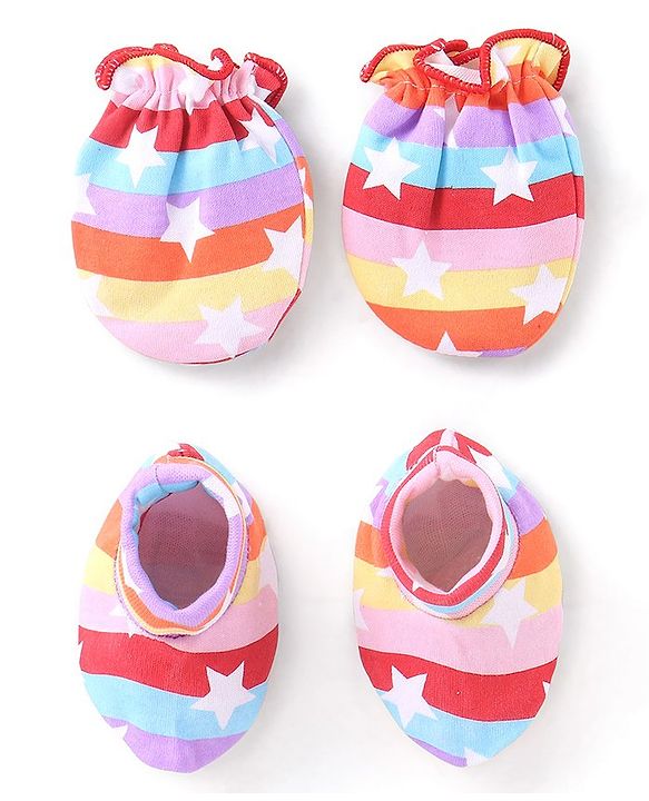 Babyhug 100% Cotton Knit Mittens & Booties Set Star Print - Multicolour