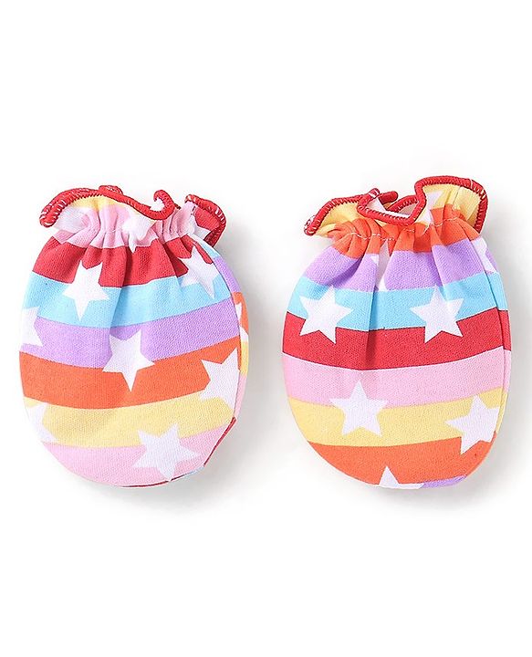 Babyhug 100% Cotton Knit Mittens & Booties Set Star Print - Multicolour