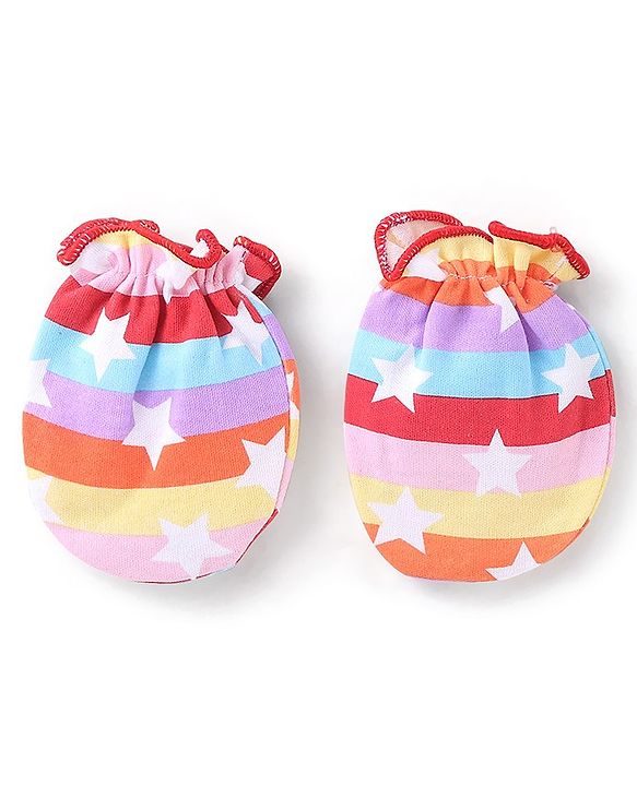 Babyhug 100% Cotton Knit Mittens & Booties Set Star Print - Multicolour