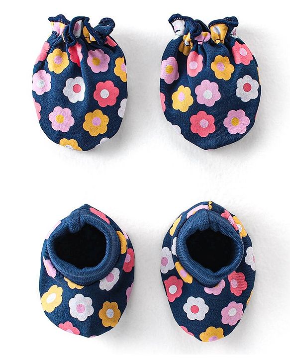 Babyhug 100% Cotton Knit Mittens and Booties With Floral Print - Navy Blue