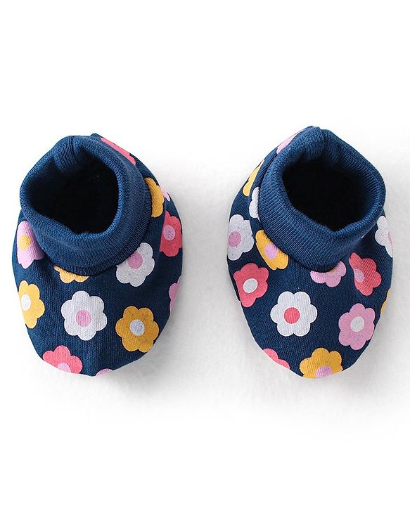 Babyhug 100% Cotton Knit Mittens and Booties With Floral Print - Navy Blue