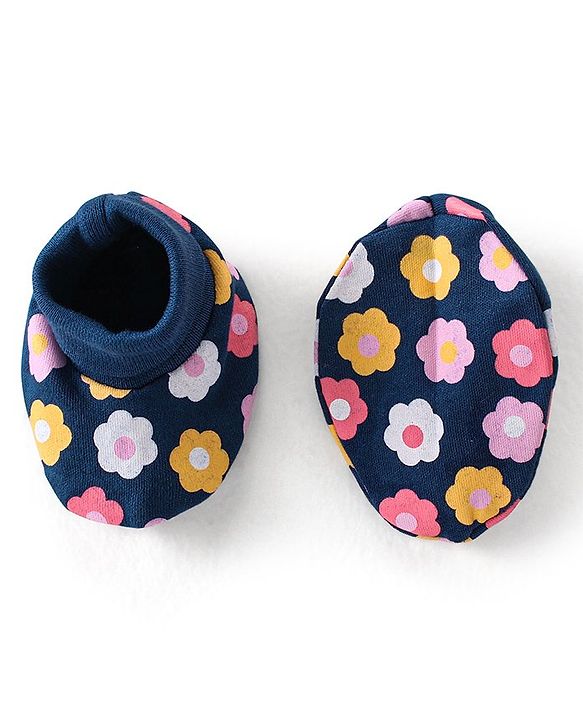 Babyhug 100% Cotton Knit Mittens and Booties With Floral Print - Navy Blue