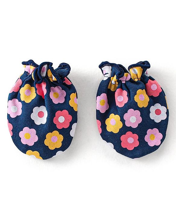 Babyhug 100% Cotton Knit Mittens and Booties With Floral Print - Navy Blue