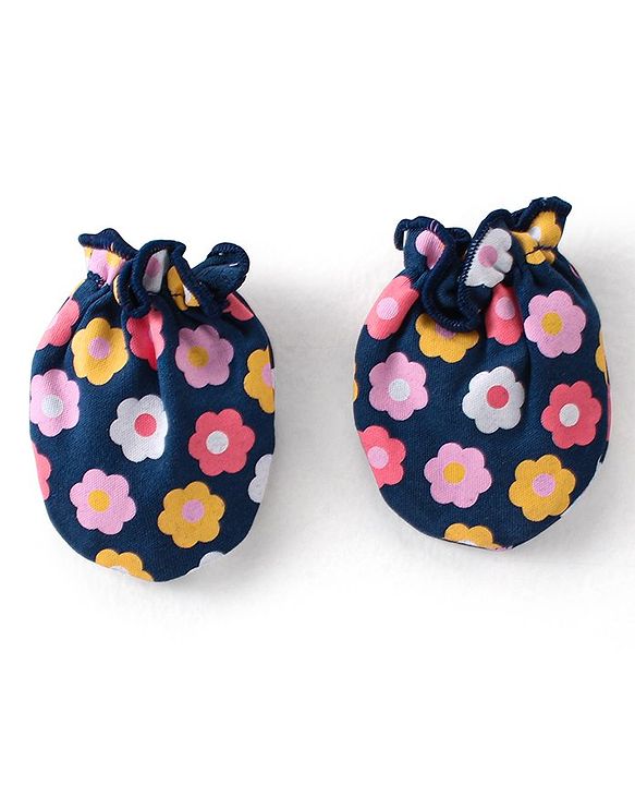 Babyhug 100% Cotton Knit Mittens and Booties With Floral Print - Navy Blue