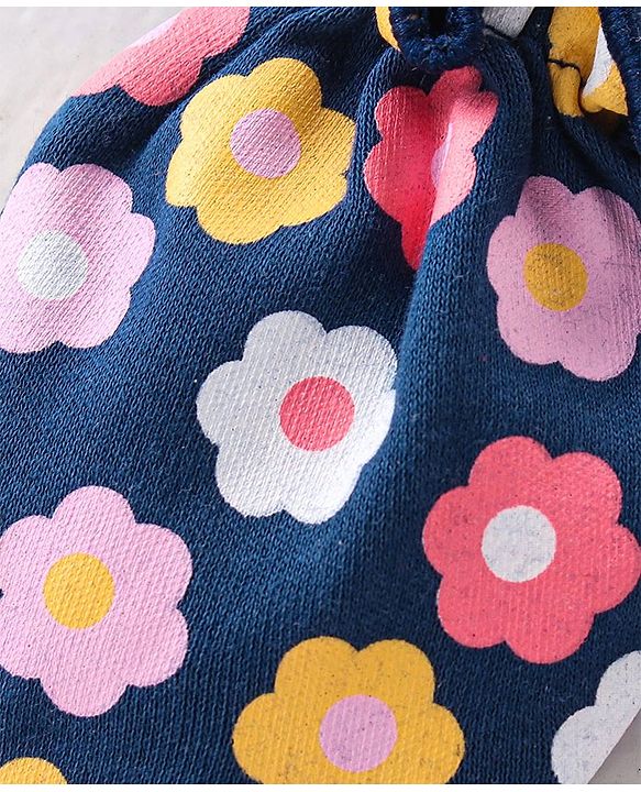 Babyhug 100% Cotton Knit Mittens and Booties With Floral Print - Navy Blue