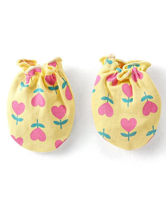 Babyhug 100% Cotton Knit Mittens and Booties With Heart Print - Yellow