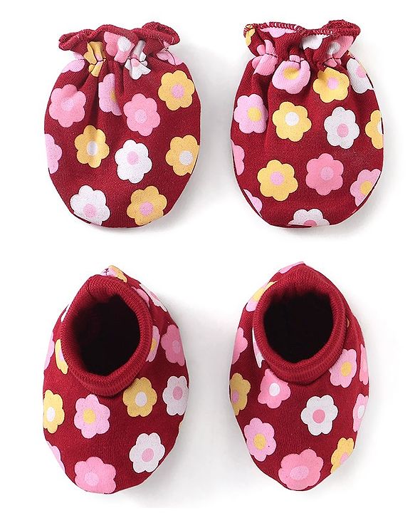 Babyhug 100% Cotton Knit Mittens & Booties Set Floral Print - Red