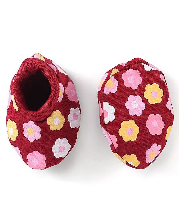 Babyhug 100% Cotton Knit Mittens & Booties Set Floral Print - Red