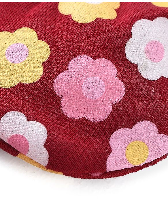 Babyhug 100% Cotton Knit Mittens & Booties Set Floral Print - Red