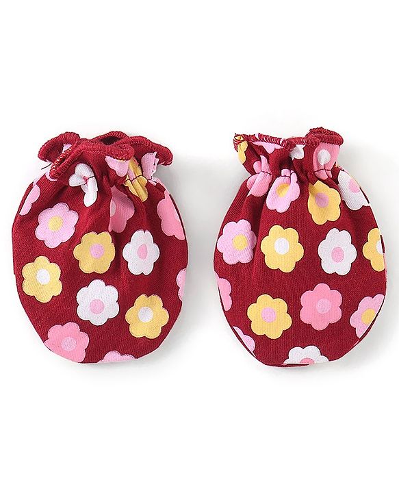 Babyhug 100% Cotton Knit Mittens & Booties Set Floral Print - Red