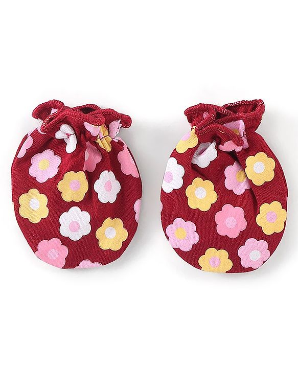 Babyhug 100% Cotton Knit Mittens & Booties Set Floral Print - Red