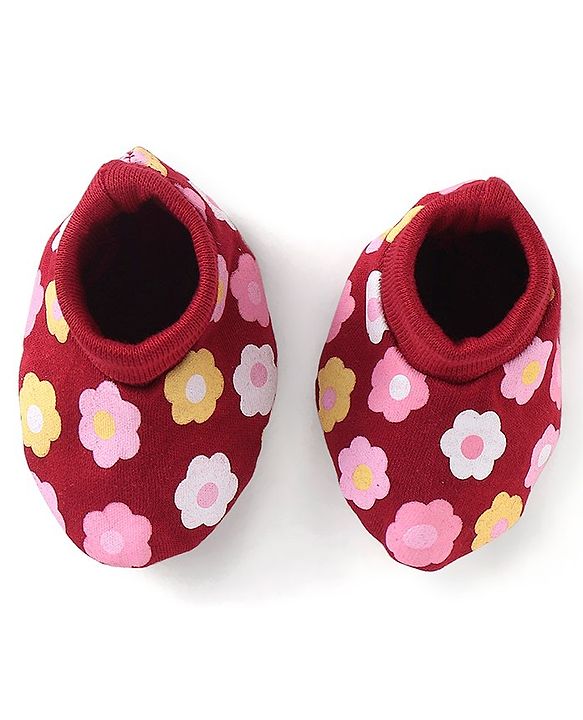 Babyhug 100% Cotton Knit Mittens & Booties Set Floral Print - Red