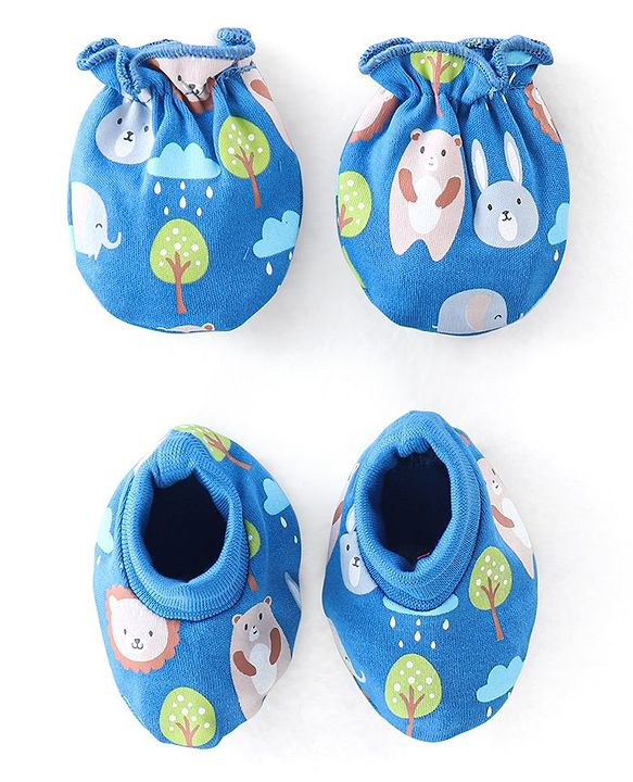 Babyhug 100% Cotton Knit Bear Print Mittens & Booties - Navy Blue