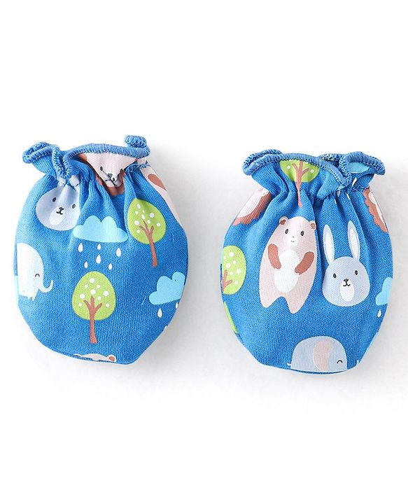 Babyhug 100% Cotton Knit Bear Print Mittens & Booties - Navy Blue
