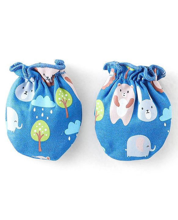 Babyhug 100% Cotton Knit Bear Print Mittens & Booties - Navy Blue