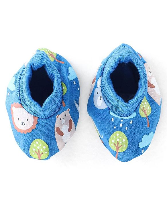 Babyhug 100% Cotton Knit Bear Print Mittens & Booties - Navy Blue
