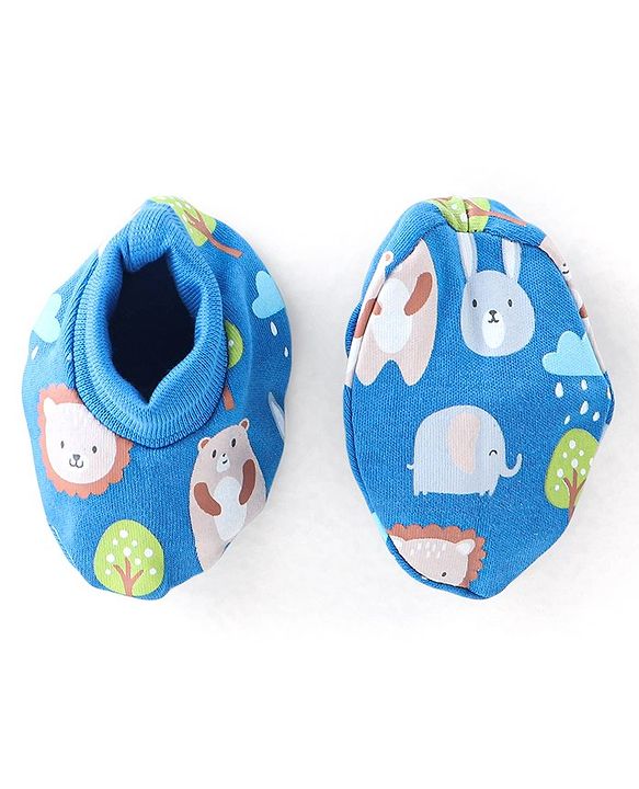 Babyhug 100% Cotton Knit Bear Print Mittens & Booties - Navy Blue
