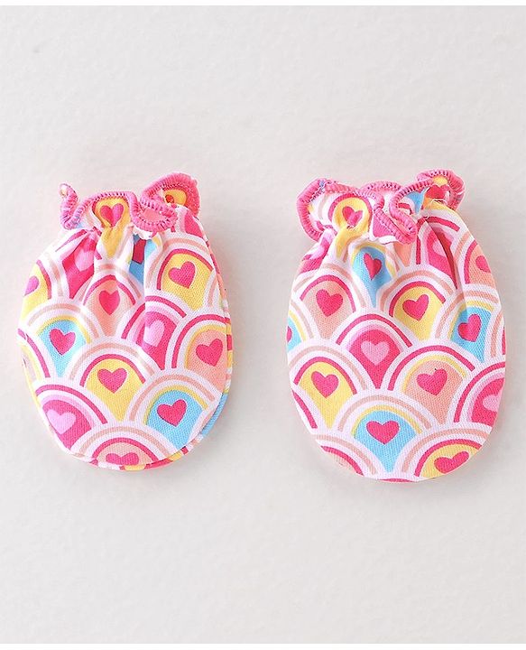Babyhug 100% Cotton Interlock Knit Mittens & Booties Heart Print - Pink