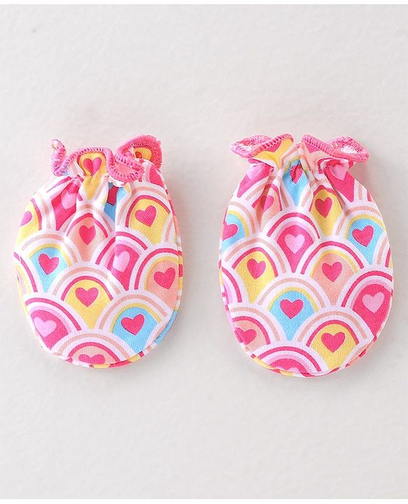 Babyhug 100% Cotton Interlock Knit Mittens & Booties Heart Print - Pink