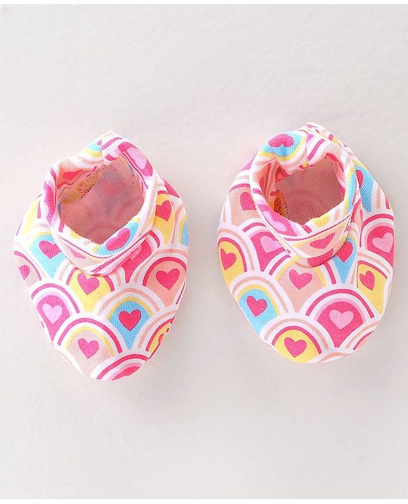 Babyhug 100% Cotton Interlock Knit Mittens & Booties Heart Print - Pink