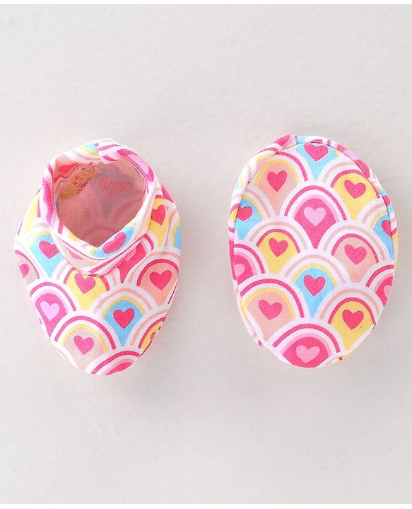 Babyhug 100% Cotton Interlock Knit Mittens & Booties Heart Print - Pink