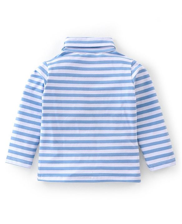 Babyhug Cotton Lycra Knit Full Sleeves Turtle Neck T-Shirt with Stripes - White & Blue