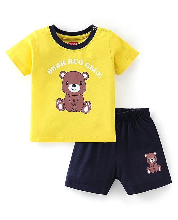 Babyhug 100% Cotton Knit Half Sleeves T-Shirt & Shorts With Teddy Print - Black & Yellow