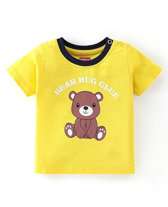 Babyhug 100% Cotton Knit Half Sleeves T-Shirt & Shorts With Teddy Print - Black & Yellow