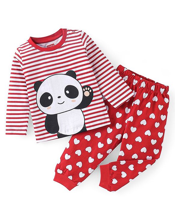 Babyhug Cotton Knit Full Sleeves Panda Printed Night Suit - Red