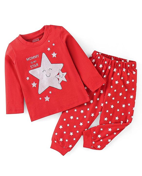 Babyhug Cotton Knit Full Sleeves Stars Printed Night Suit - Red