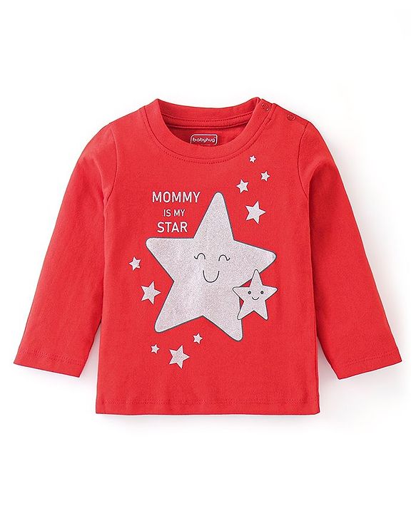 Babyhug Cotton Knit Full Sleeves Stars Printed Night Suit - Red