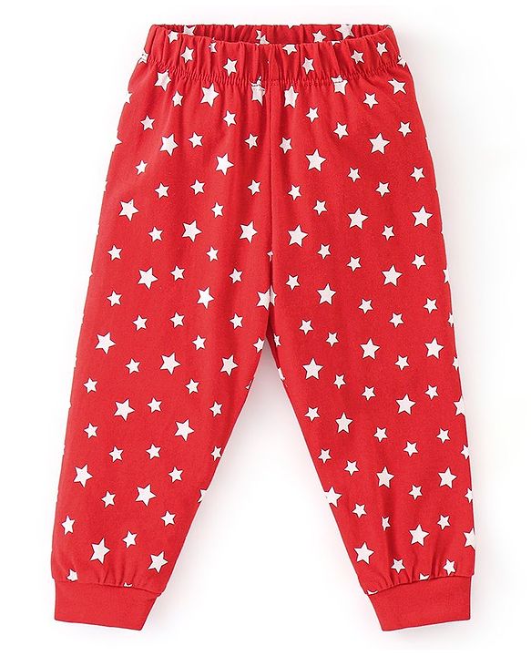 Babyhug Cotton Knit Full Sleeves Stars Printed Night Suit - Red