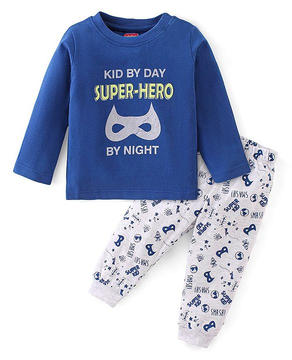 Babyhug Cotton Single Jersey Knit Full Sleeves Night Suit Mask Print - Navy Blue & White