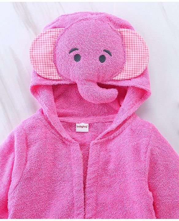 Babyhug Woven Terry Full Sleeves Hooded Bath Robe Elephant Patch - Pink