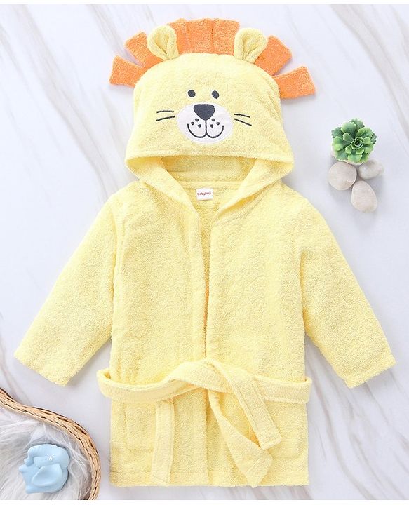 Babyhug Woven Terry Full Sleeves Hooded Bath Robe Tiger Design - Yellow