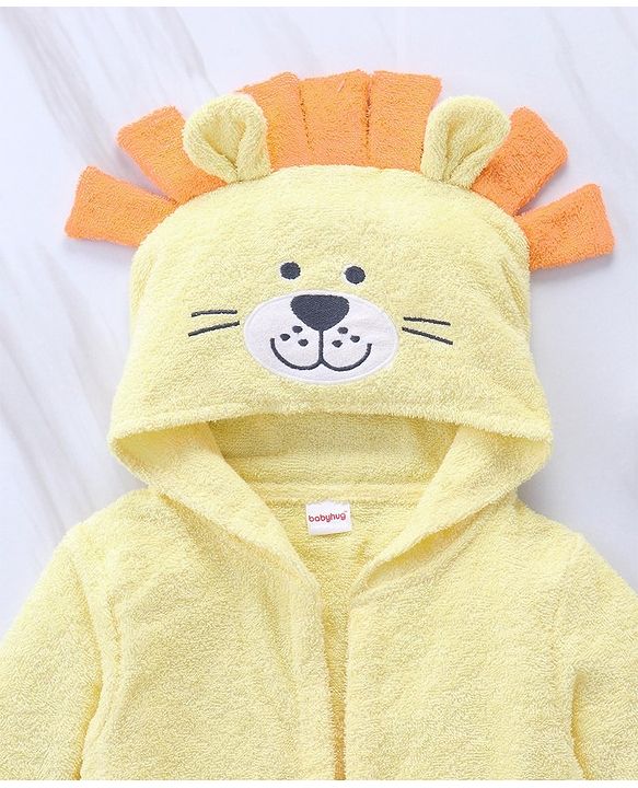 Babyhug Woven Terry Full Sleeves Hooded Bath Robe Tiger Design - Yellow