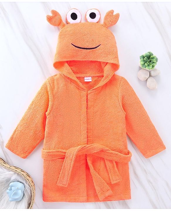 Babyhug Full Sleeves Woven Terry Crab Faced Hooded Bath Robe - Orange