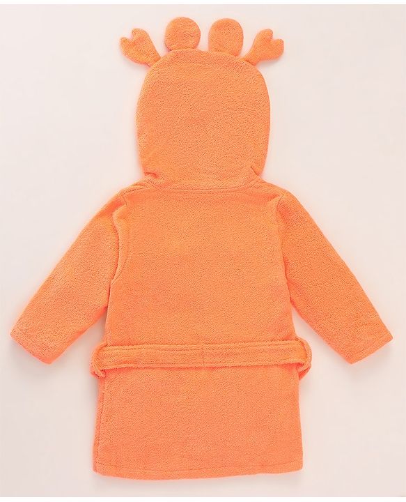 Babyhug Full Sleeves Woven Terry Crab Faced Hooded Bath Robe - Orange