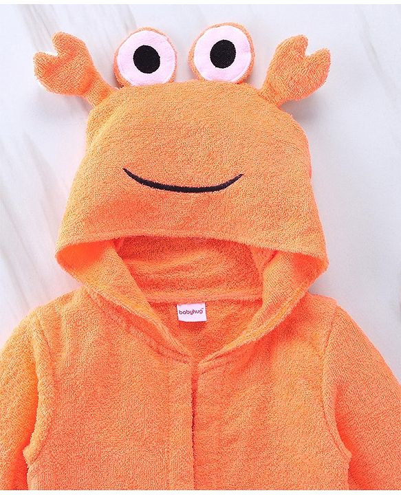 Babyhug Full Sleeves Woven Terry Crab Faced Hooded Bath Robe - Orange