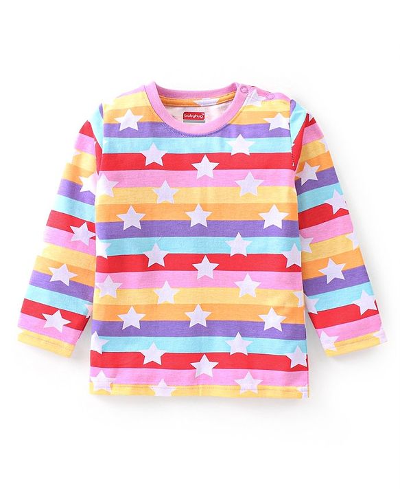 Babyhug Cotton Knit Full Sleeves Striped Night Suit Stars Print - Multicolour