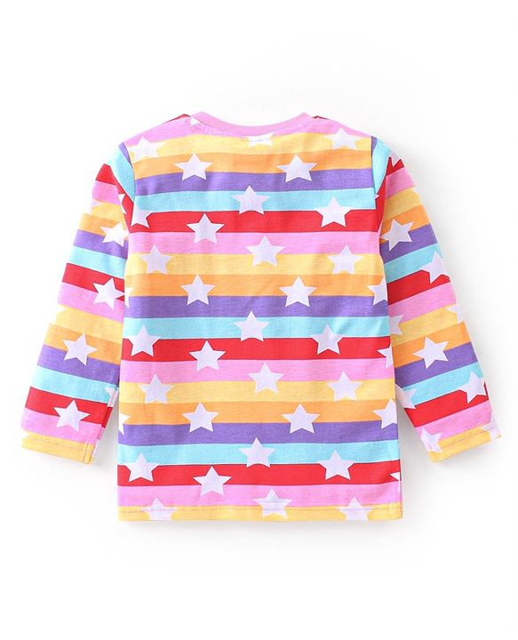Babyhug Cotton Knit Full Sleeves Striped Night Suit Stars Print - Multicolour
