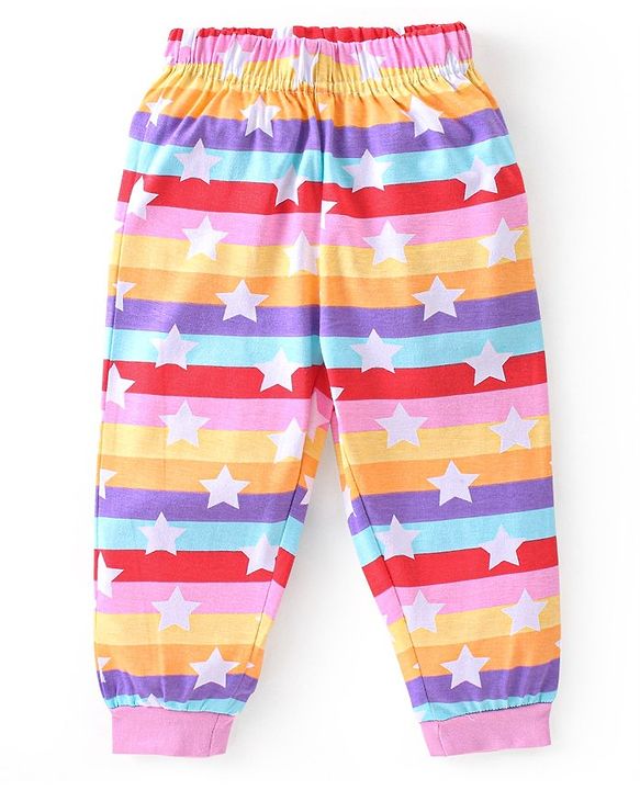 Babyhug Cotton Knit Full Sleeves Striped Night Suit Stars Print - Multicolour
