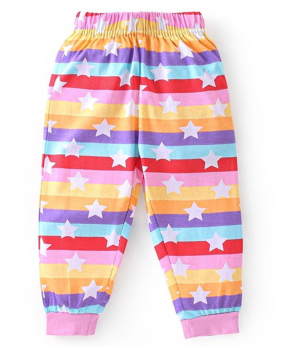 Babyhug Cotton Knit Full Sleeves Striped Night Suit Stars Print - Multicolour