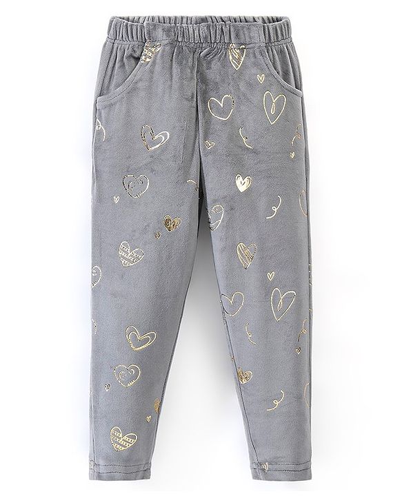 Babyhug Full Length Fleece And Woollen Pant Heart Print - Grey