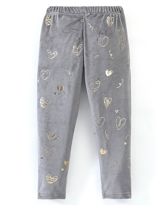 Babyhug Full Length Fleece And Woollen Pant Heart Print - Grey