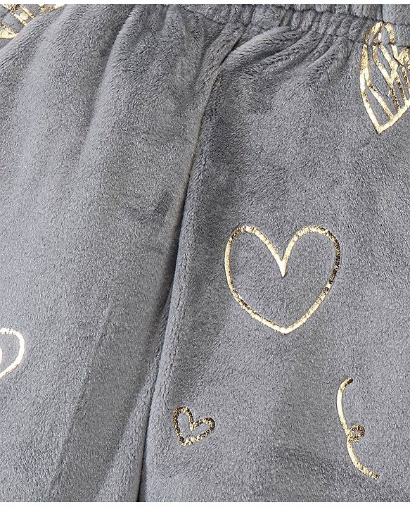 Babyhug Full Length Fleece And Woollen Pant Heart Print - Grey
