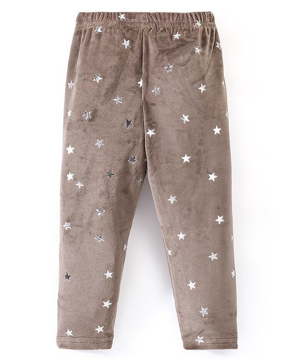 Babyhug Full Length Fleece & Woollen Pant with Star Foil Print - Dark Beige