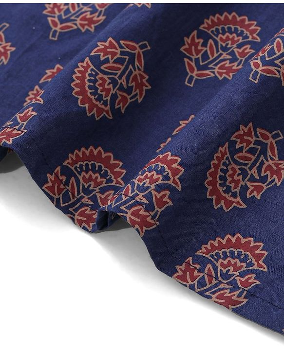 Babyhug 100% Cotton Full Sleeves Kurta & Dhoti Set With Floral Print - Blue & Red