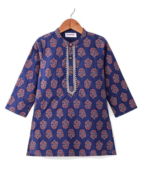 Babyhug 100% Cotton Full Sleeves Kurta & Dhoti Set With Floral Print - Blue & Red